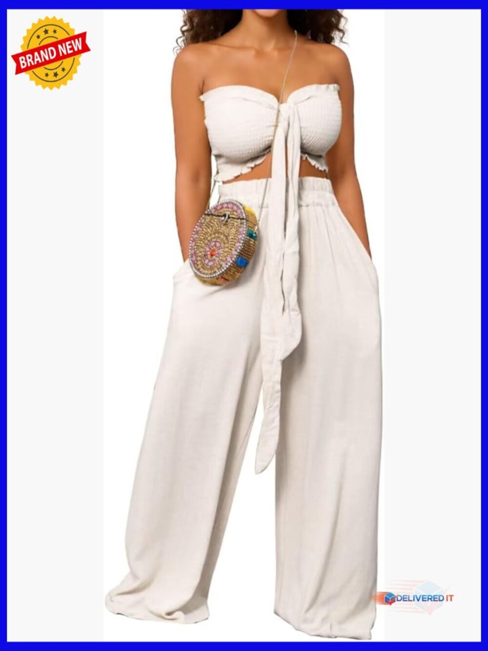 Two Piece Crop Top Wide Leg Pants Set with Pockets Summer Vacation Outfit